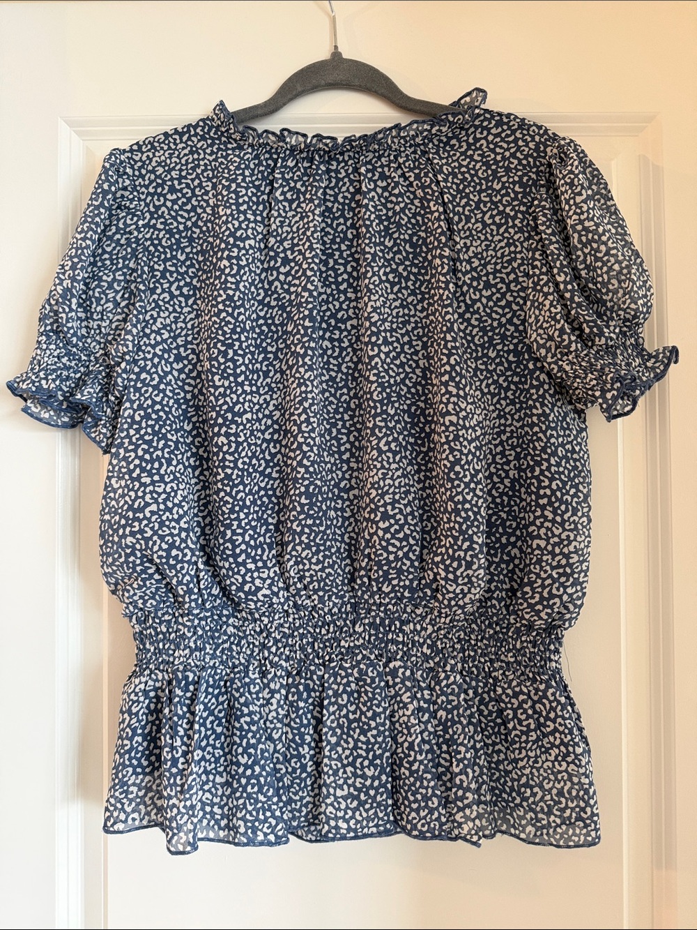 glam Blue Printed Puff-Sleeve Ruffle Hem Blouse